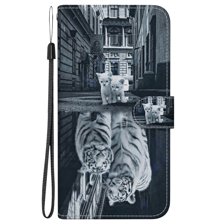 For iPhone 16e Crystal Texture Colored Drawing Leather Phone Case(Cat Tiger Reflection) - iPhone 16e Cases by buy2fix | Online Shopping UK | buy2fix