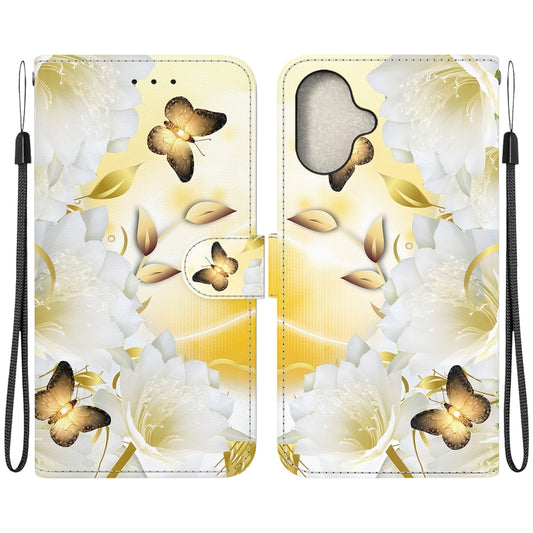 For iPhone 16 Plus Crystal Texture Colored Drawing Leather Phone Case(Gold Butterfly Epiphyllum) - iPhone 16 Plus Cases by buy2fix | Online Shopping UK | buy2fix