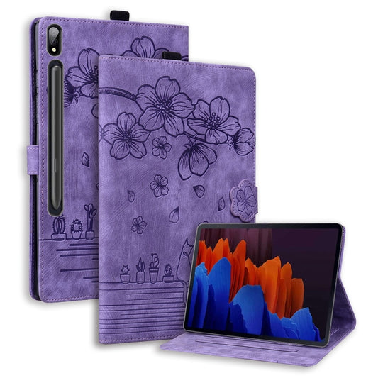 For Samsung Galaxy Tab S9 Ultra /S8 Ultra Cartoon Sakura Cat Embossed Leather Tablet Case(Purple) - Galaxy Tab S9 Ultra Cases by buy2fix | Online Shopping UK | buy2fix