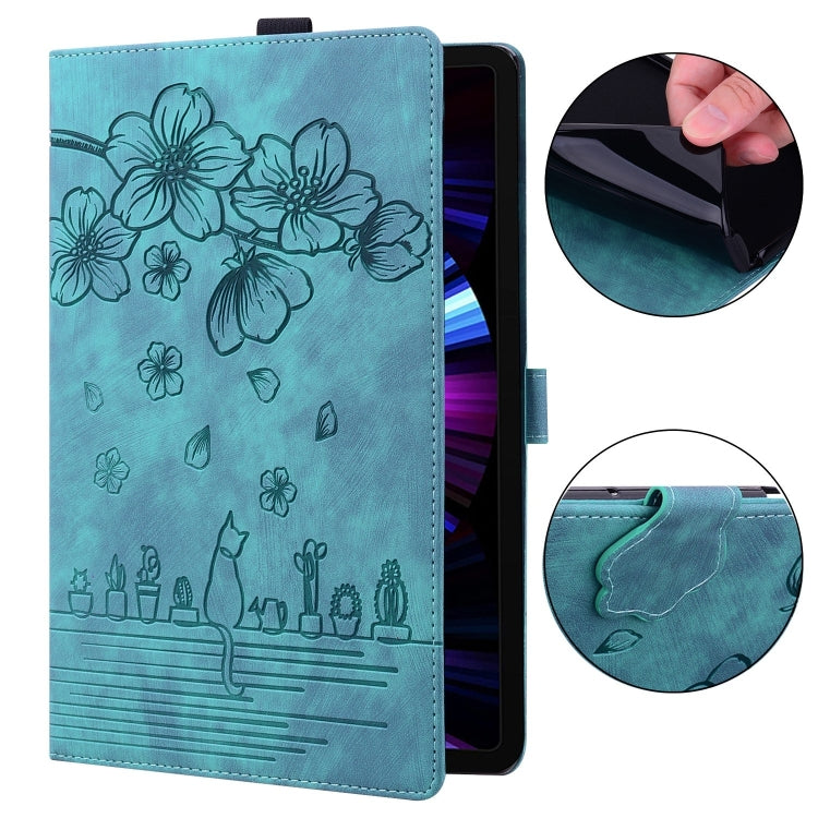 For Samsung Galaxy Tab S9 FE+ Cartoon Sakura Cat Embossed Leather Tablet Case(Green) - Galaxy Tab S9 FE+ by buy2fix | Online Shopping UK | buy2fix