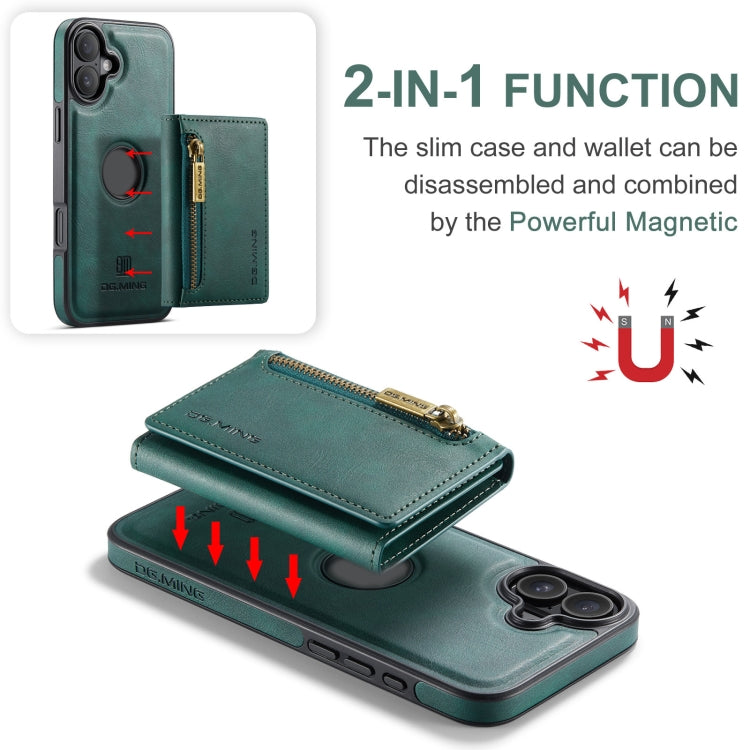 For iPhone 16 DG.MING M5 Series Zip RFID Multi Card Detachable Leather Phone Case(Green) - iPhone 16 Cases by DG.MING | Online Shopping UK | buy2fix