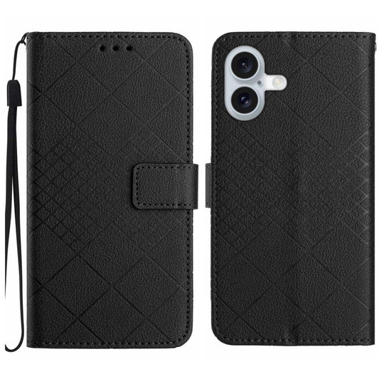 For iPhone 16 Plus Rhombic Grid Texture Leather Phone Case(Black) - iPhone 16 Plus Cases by buy2fix | Online Shopping UK | buy2fix