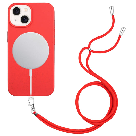 For iPhone 15 Plus Wheat MagSafe Magnetic Straw Material + TPU Phone Case with Lanyard(Red) - iPhone 15 Plus Cases by buy2fix | Online Shopping UK | buy2fix