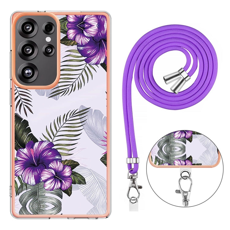 For Samsung Galaxy S25 Ultra 5G Electroplating Pattern IMD TPU Shockproof Case with Neck Lanyard(Purple Flower) - Galaxy S25 Ultra 5G Cases by buy2fix | Online Shopping UK | buy2fix