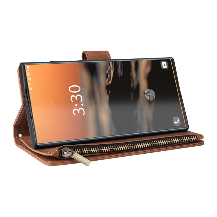 For Samsung Galaxy S23 Ultra 5G Multifunctional Frosted Zipper Wallet Leather Phone Case(Coffee) - Galaxy S23 Ultra 5G Cases by buy2fix | Online Shopping UK | buy2fix