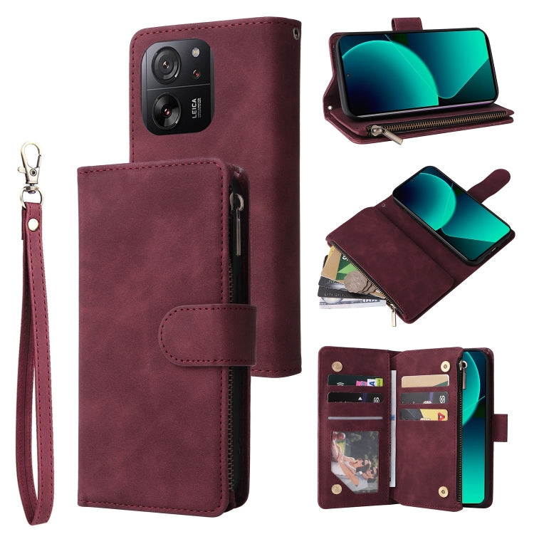 For Xiaomi 13T / 13T Pro Multifunctional Frosted Zipper Wallet Leather Phone Case(Wine Red) - Xiaomi Cases by buy2fix | Online Shopping UK | buy2fix