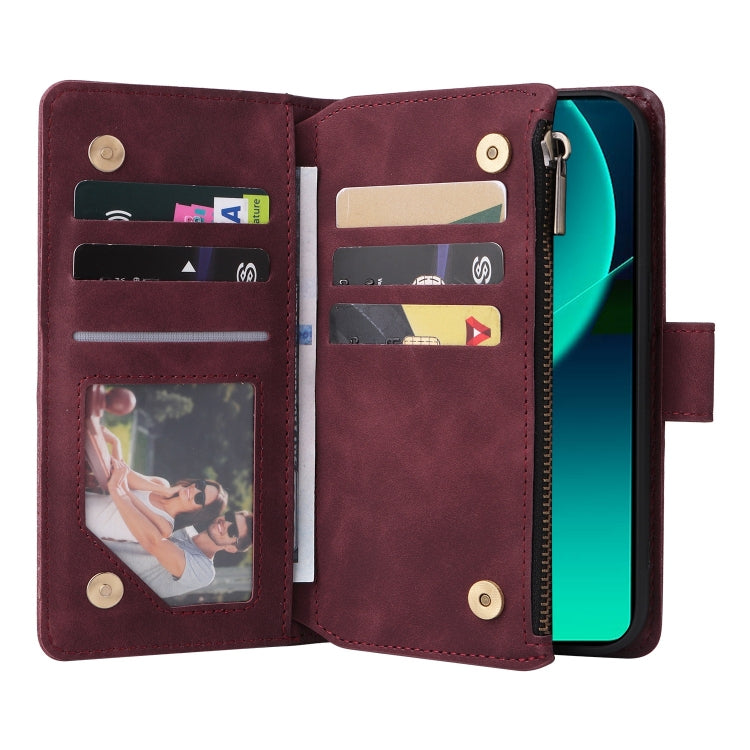 For Xiaomi 13T / 13T Pro Multifunctional Frosted Zipper Wallet Leather Phone Case(Wine Red) - Xiaomi Cases by buy2fix | Online Shopping UK | buy2fix