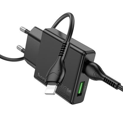 Hoco N38 Delgado PD20W + QC3.0 Dual Port Charger Set with Type-C to 8 Pin Cable, EU Plug(Black) - USB Charger by hoco | Online Shopping UK | buy2fix