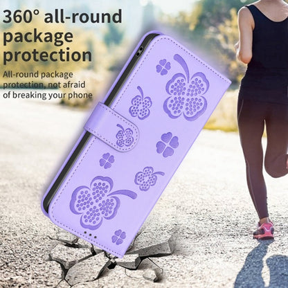 For iPhone 16 Pro Max Four-leaf Embossed Leather Phone Case(Purple) - iPhone 16 Pro Max Cases by buy2fix | Online Shopping UK | buy2fix