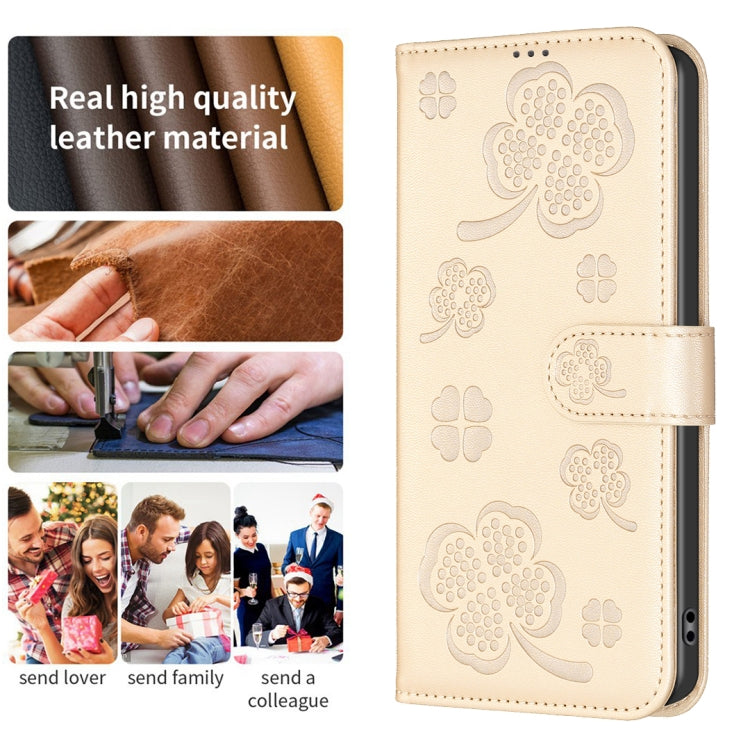 For iPhone 16 Four-leaf Embossed Leather Phone Case(Gold) - iPhone 16 Cases by buy2fix | Online Shopping UK | buy2fix