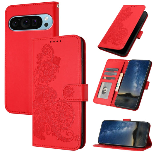 For Google Pixel 9 Datura Flower Embossed Flip Leather Phone Case(Red) - Google Cases by buy2fix | Online Shopping UK | buy2fix