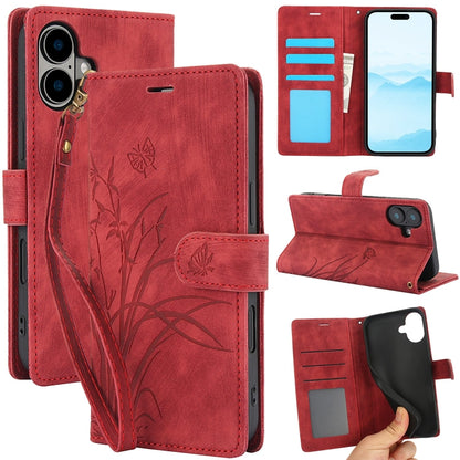 For iPhone 16 Orchid Butterfly Embossed Leather Phone Case(Red) - iPhone 16 Cases by buy2fix | Online Shopping UK | buy2fix