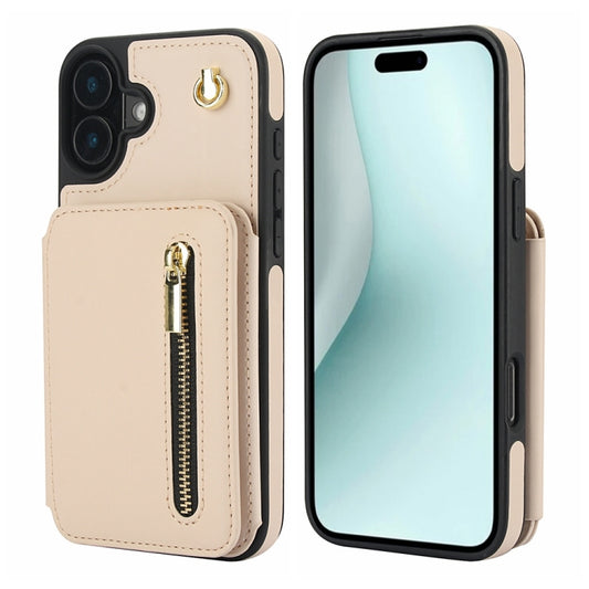 For iPhone 16 YM006 Skin Feel Zipper Card Bag Phone Case with Dual Lanyard(Apricot) - iPhone 16 Cases by buy2fix | Online Shopping UK | buy2fix