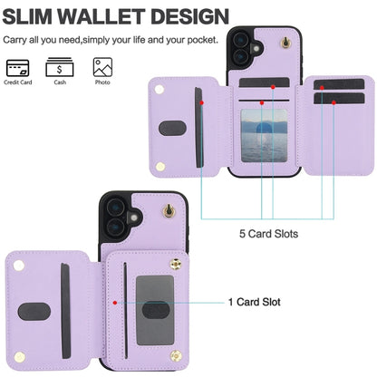 For iPhone 16 YM006 Skin Feel Zipper Card Bag Phone Case with Dual Lanyard(Light Purple) - iPhone 16 Cases by buy2fix | Online Shopping UK | buy2fix