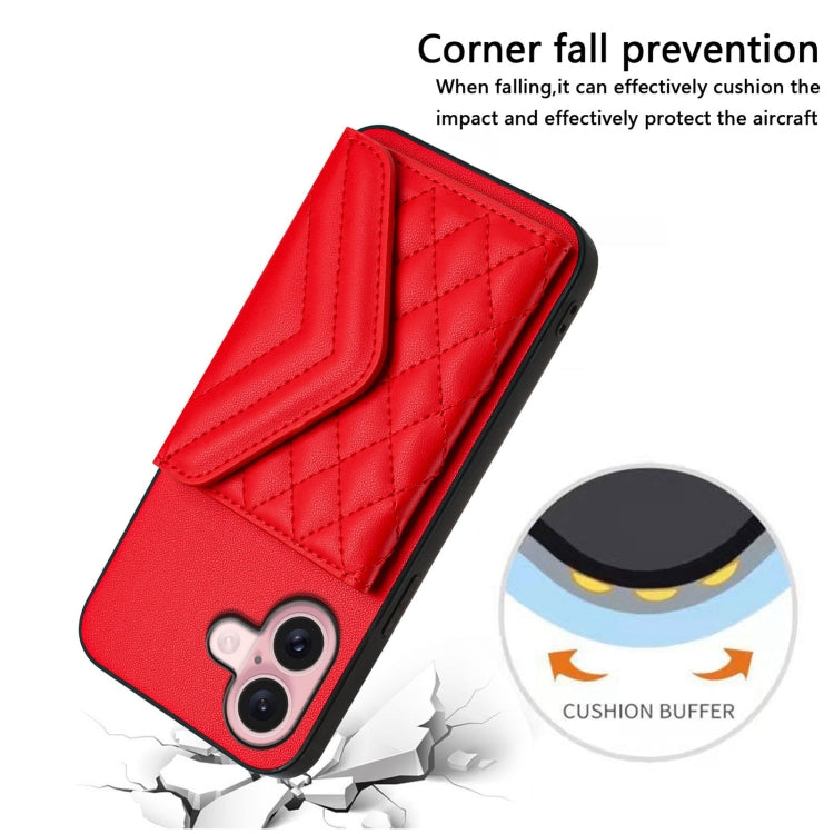 For iPhone 16 Rhombic Texture Card Bag RFID Phone Case with Long Lanyard(Red) - iPhone 16 Cases by buy2fix | Online Shopping UK | buy2fix