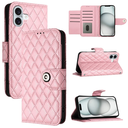 For iPhone 16 Plus Rhombic Texture Flip Leather Phone Case with Lanyard(Pink) - iPhone 16 Plus Cases by buy2fix | Online Shopping UK | buy2fix