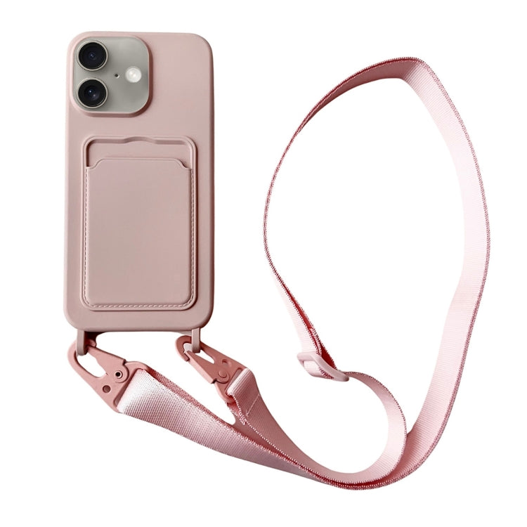 For iPhone 16 Card Slot Liquid Silicone Phone Case with Lanyard(Light Pink) - iPhone 16 Cases by buy2fix | Online Shopping UK | buy2fix