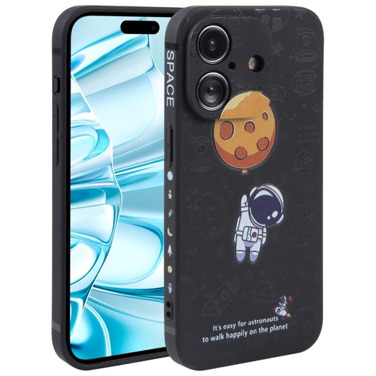 For iPhone 16 Plus Astronaut Pattern Silicone Straight Edge Phone Case(Planet Landing-Black) - iPhone 16 Plus Cases by buy2fix | Online Shopping UK | buy2fix