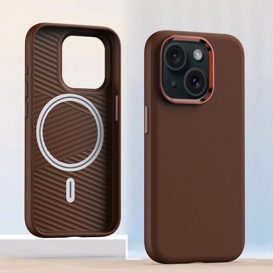 For iPhone 15 Plus Metal Lens Frame Leather Magsafe Full Coverage Shockproof Phone Case(Brown) - iPhone 15 Plus Cases by buy2fix | Online Shopping UK | buy2fix