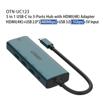 Onten UC123 5 in 1 USB-C / Type-C to HDMI + USB3.0 HUB Docking Station with 5V Input - USB HUB by Onten | Online Shopping UK | buy2fix