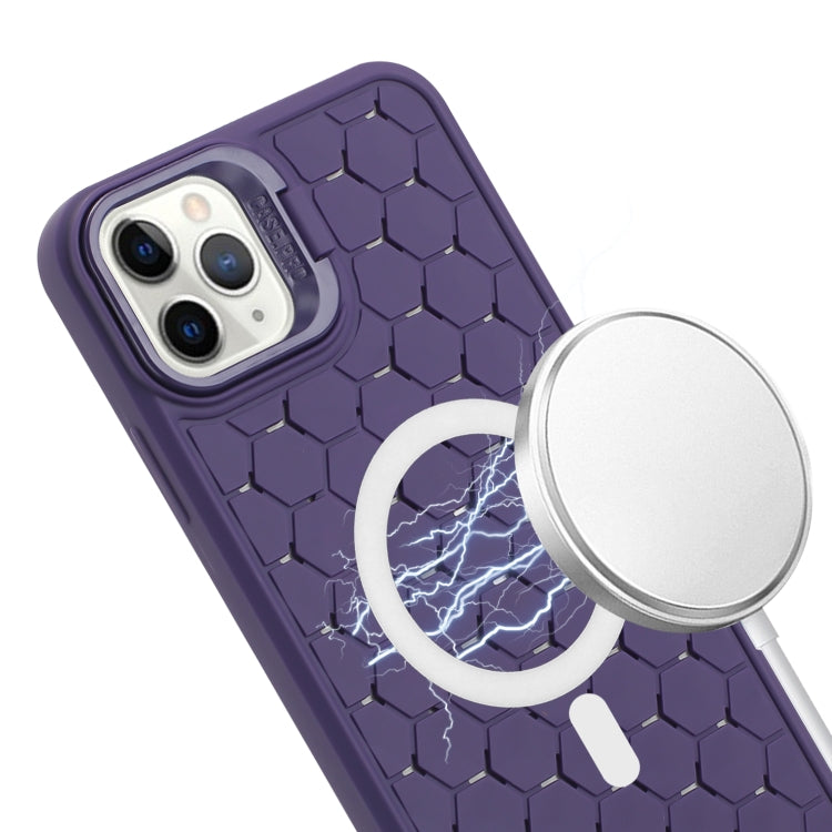 For iPhone 14 Pro Max Honeycomb Radiating Lens Holder Magsafe Phone Case with Lanyard(Purple) - iPhone 14 Pro Max Cases by buy2fix | Online Shopping UK | buy2fix