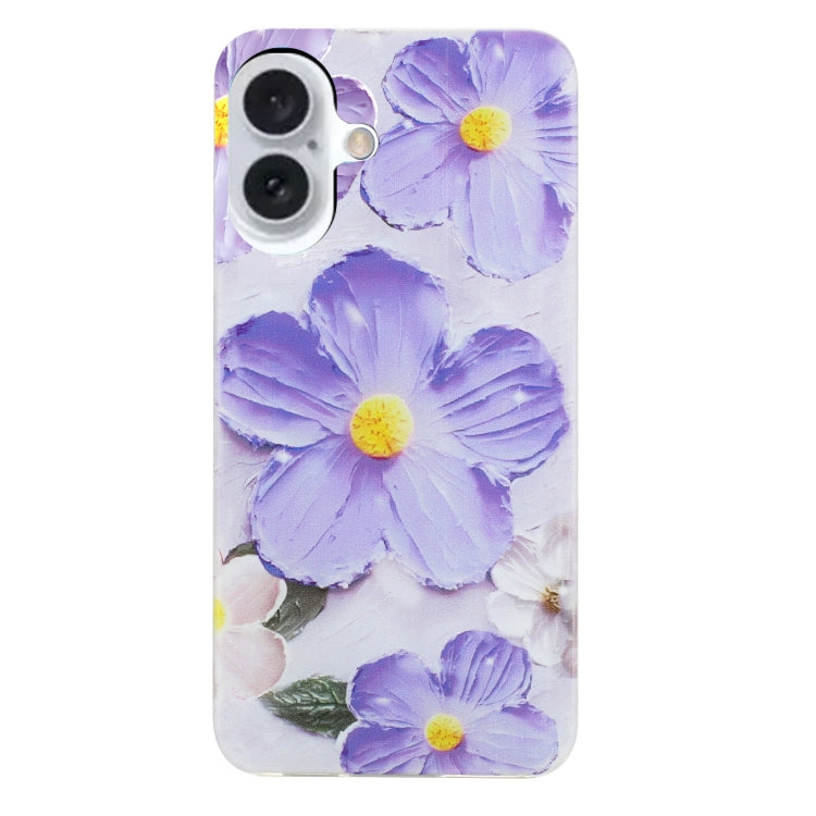 For iPhone 16 Colorful Painting Pattern TPU Phone Case(Purple Flowers) - iPhone 16 Cases by buy2fix | Online Shopping UK | buy2fix