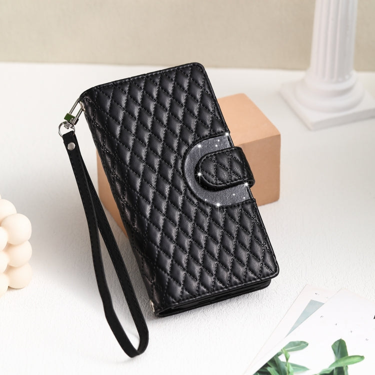 For iPhone 16 Pro Glitter Lattice Zipper Wallet Leather Phone Case(Black) - iPhone 16 Pro Cases by buy2fix | Online Shopping UK | buy2fix