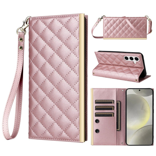 For Samsung Galaxy S23 FE 5G Crossbody Rhombic Sucker Leather Phone Case(Rose Gold) - Galaxy S23 FE 5G Cases by buy2fix | Online Shopping UK | buy2fix