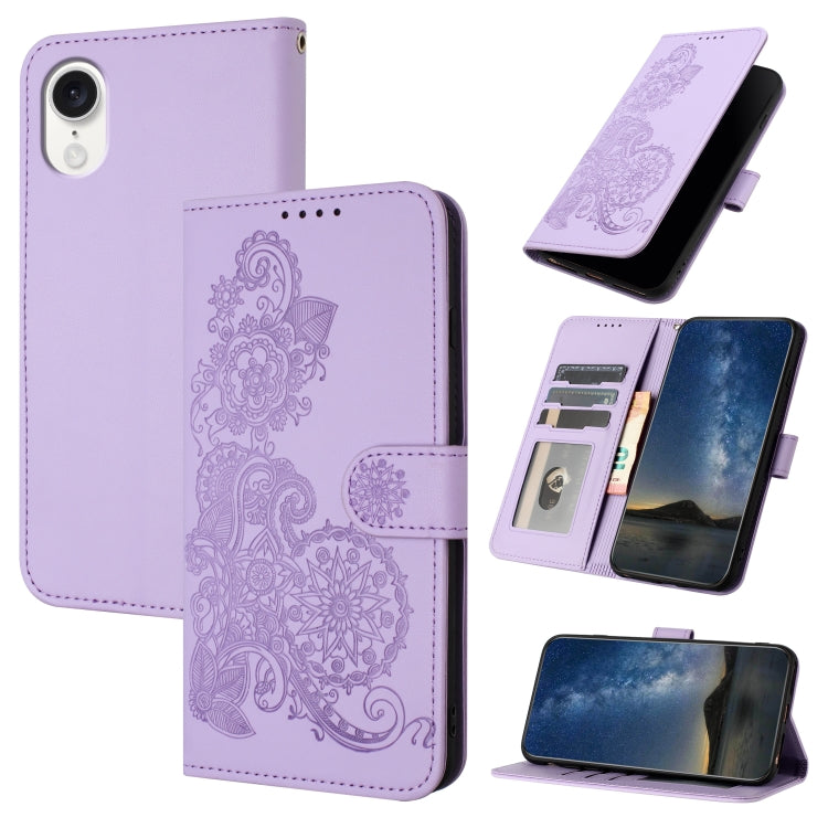 For iPhone SE 2024 Datura Flower Embossed Flip Leather Phone Case(Purple) - More iPhone Cases by buy2fix | Online Shopping UK | buy2fix