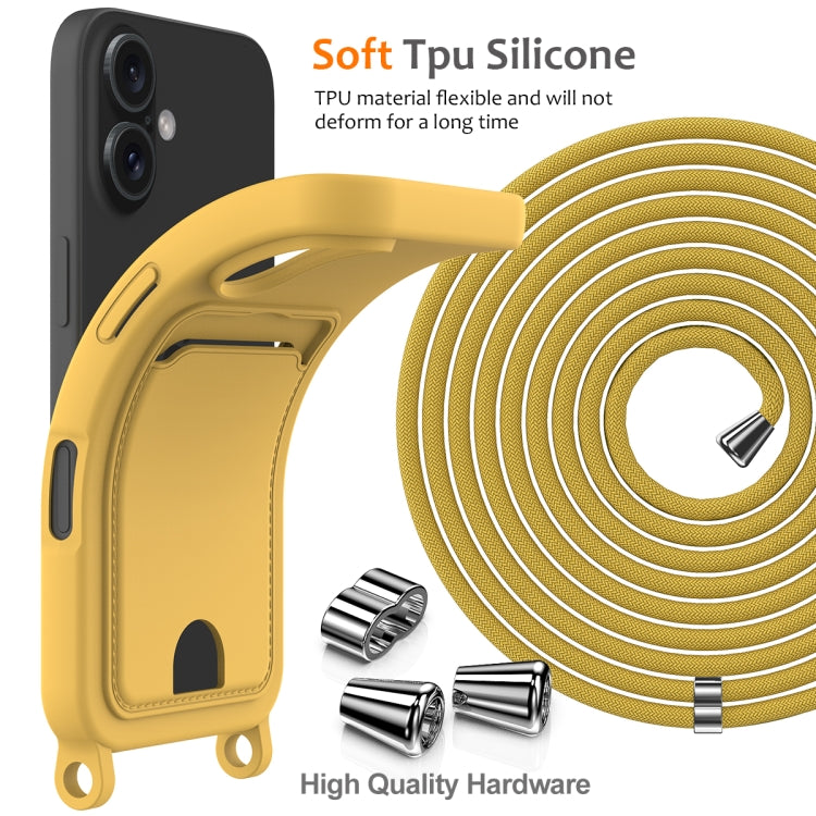 For iPhone 16 Plus Integrated Card Bag Solid Color Liquid Silicone Phone Case with Lanyard(Yellow) - iPhone 16 Plus Cases by buy2fix | Online Shopping UK | buy2fix