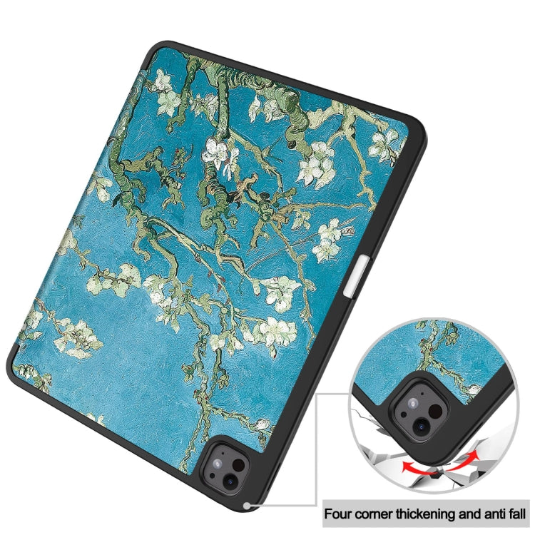 For iPad Pro 13 2024 Custer Painted 3-Fold Holder Smart Leather Tablet Case with Pen Tray(Apricot Flower) - iPad Pro 13 2024 Cases by buy2fix | Online Shopping UK | buy2fix