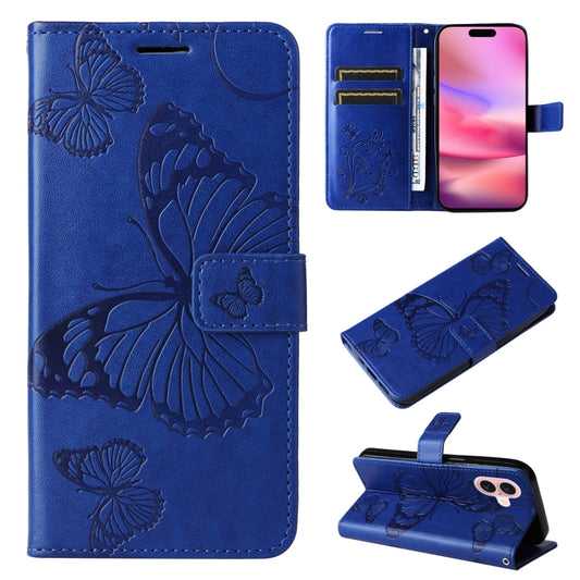 For iPhone 16 3D Butterfly Embossed Pattern Flip Leather Phone Case(Blue) - iPhone 16 Cases by buy2fix | Online Shopping UK | buy2fix