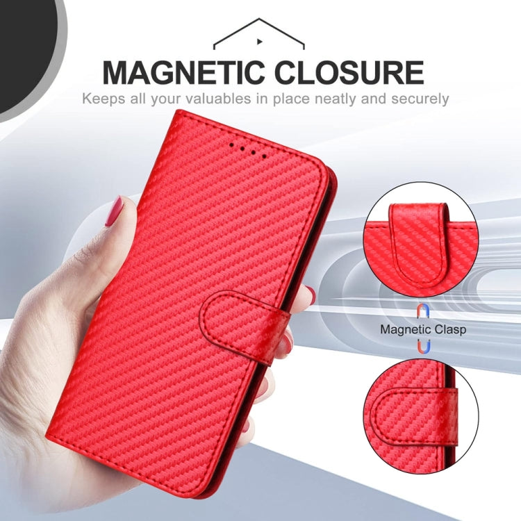 For OnePlus 12 YX0070 Carbon Fiber Buckle Leather Phone Case with Lanyard(Red) - OnePlus Cases by buy2fix | Online Shopping UK | buy2fix