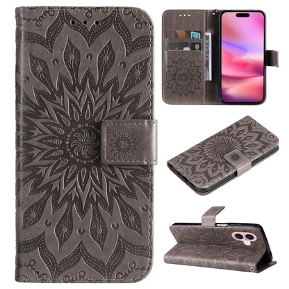 For iPhone 16 Embossed Sunflower Pattern Flip Leather Phone Case(Grey) - iPhone 16 Cases by buy2fix | Online Shopping UK | buy2fix