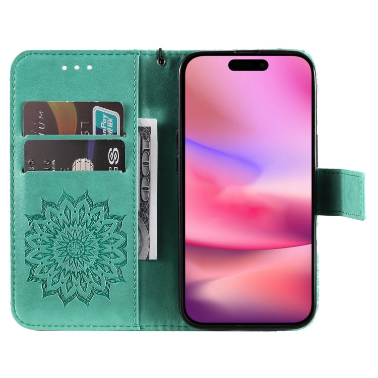 For iPhone 16 Embossed Sunflower Pattern Flip Leather Phone Case(Green) - iPhone 16 Cases by buy2fix | Online Shopping UK | buy2fix