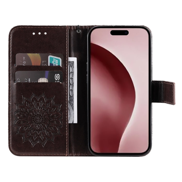 For iPhone 16 Pro Embossed Sunflower Pattern Flip Leather Phone Case(Brown) - iPhone 16 Pro Cases by buy2fix | Online Shopping UK | buy2fix