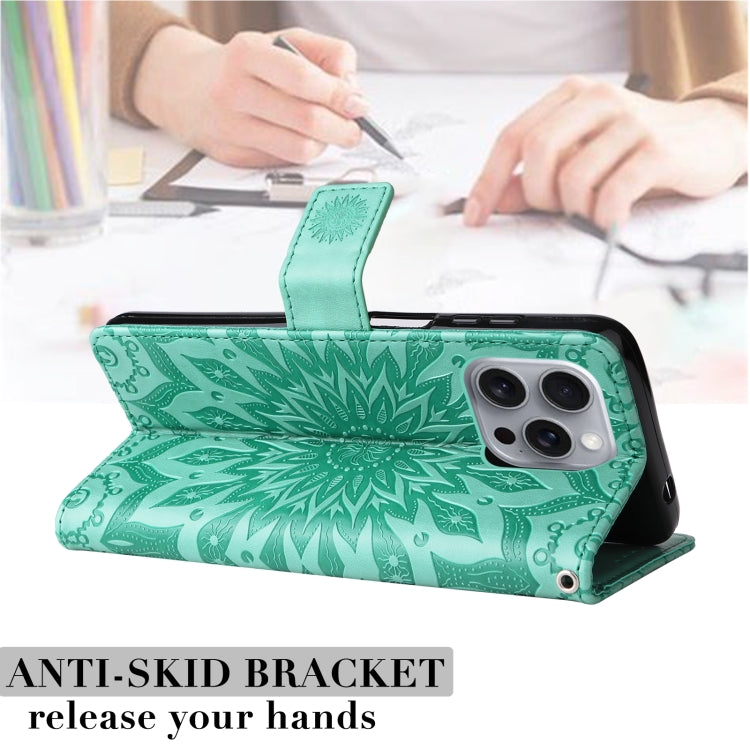 For iPhone 16 Pro Max Embossed Sunflower Pattern Flip Leather Phone Case(Green) - iPhone 16 Pro Max Cases by buy2fix | Online Shopping UK | buy2fix