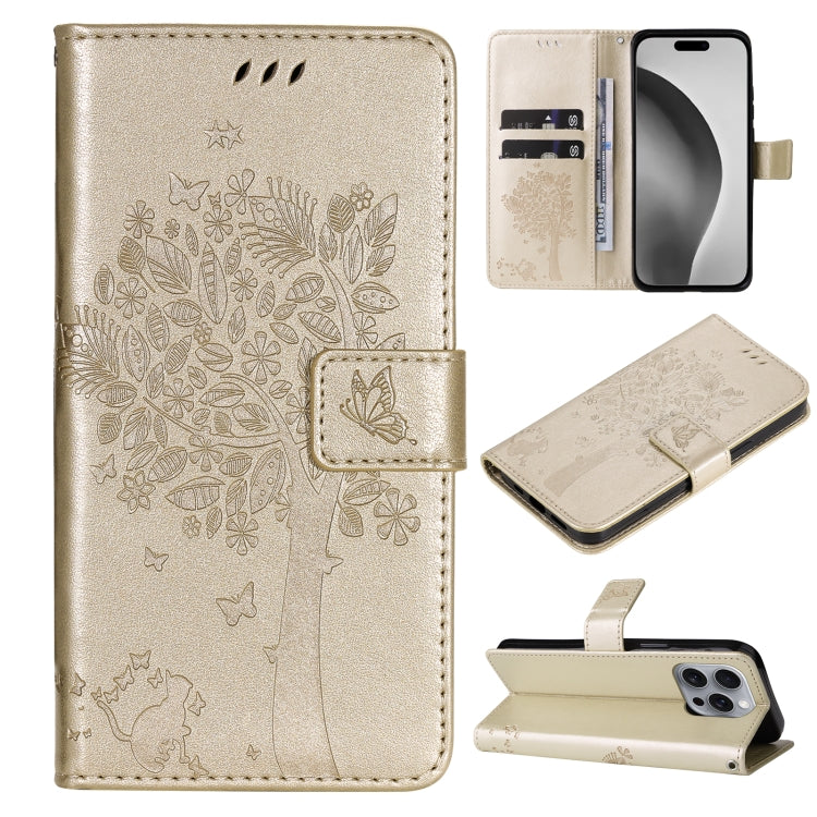 For iPhone 16 Pro Max Tree & Cat Embossed Pattern Flip Leather Phone Case(Gold) - iPhone 16 Pro Max Cases by buy2fix | Online Shopping UK | buy2fix