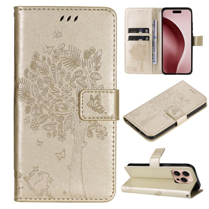 For iPhone 16 Pro Tree & Cat Embossed Pattern Flip Leather Phone Case(Gold) - iPhone 16 Pro Cases by buy2fix | Online Shopping UK | buy2fix