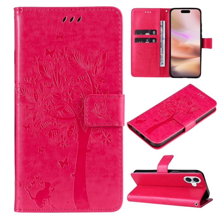 For iPhone 16 Plus Tree & Cat Embossed Pattern Flip Leather Phone Case(Rose Red) - iPhone 16 Plus Cases by buy2fix | Online Shopping UK | buy2fix