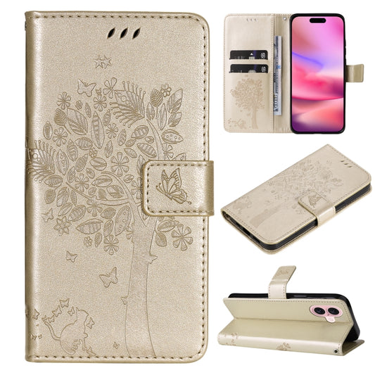 For iPhone 16 Tree & Cat Embossed Pattern Flip Leather Phone Case(Gold) - iPhone 16 Cases by buy2fix | Online Shopping UK | buy2fix