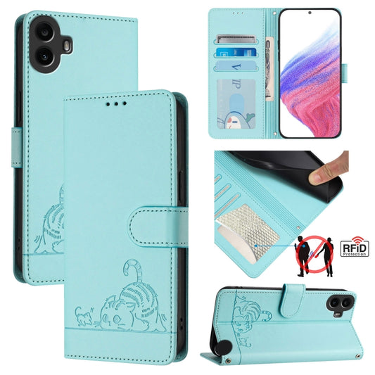 For Nothing CMF Phone 1 Cat Rat Embossed Pattern RFID Leather Phone Case with Lanyard(Mint Green) - More Brand by buy2fix | Online Shopping UK | buy2fix