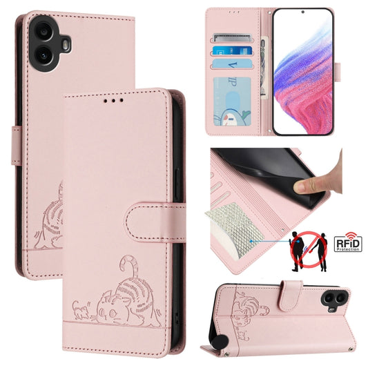 For Nothing CMF Phone 1 Cat Rat Embossed Pattern RFID Leather Phone Case with Lanyard(Pink) - More Brand by buy2fix | Online Shopping UK | buy2fix