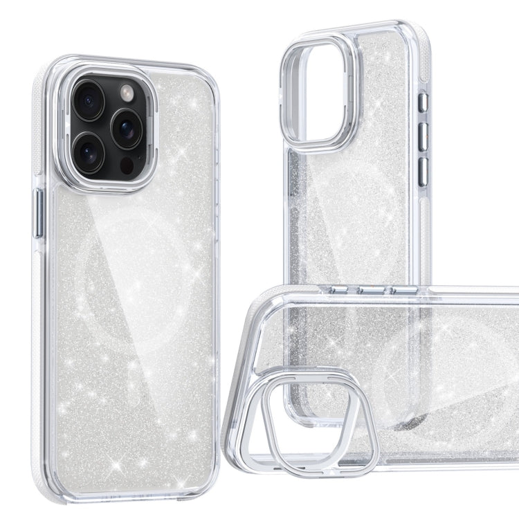 For iPhone 12 Pro Two-color Glitter Powder Lens Holder Magsafe Phone Case(White) - iPhone 12 / 12 Pro Cases by buy2fix | Online Shopping UK | buy2fix