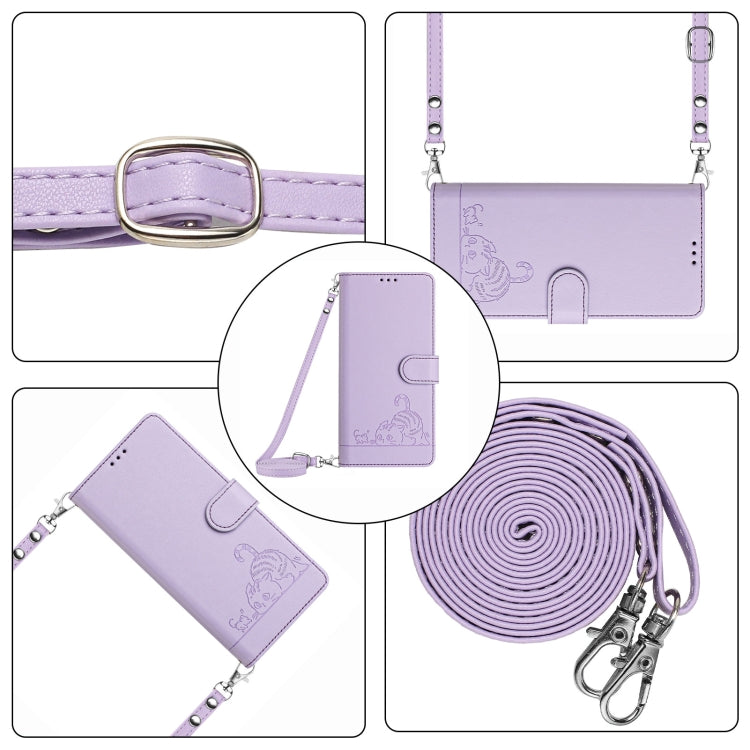 For OnePlus 12R 5G Global Cat Rat Embossed Pattern RFID Leather Phone Case with Lanyard(Purple) - OnePlus Cases by buy2fix | Online Shopping UK | buy2fix