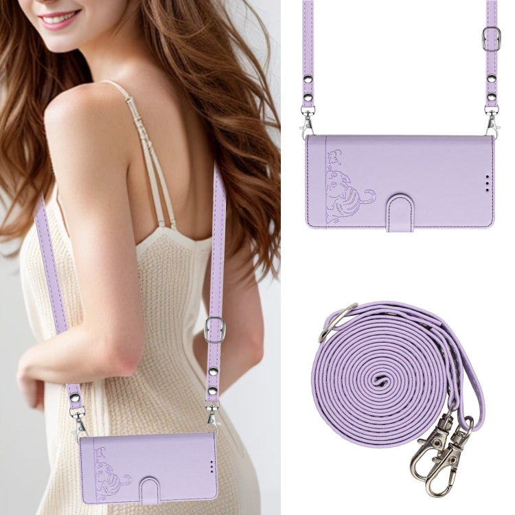 For OnePlus 12R 5G Global Cat Rat Embossed Pattern RFID Leather Phone Case with Lanyard(Purple) - OnePlus Cases by buy2fix | Online Shopping UK | buy2fix