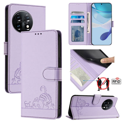 For OnePlus 11 Cat Rat Embossed Pattern RFID Leather Phone Case with Lanyard(Purple) - OnePlus Cases by buy2fix | Online Shopping UK | buy2fix