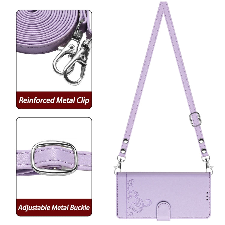 For OnePlus 11 Cat Rat Embossed Pattern RFID Leather Phone Case with Lanyard(Purple) - OnePlus Cases by buy2fix | Online Shopping UK | buy2fix