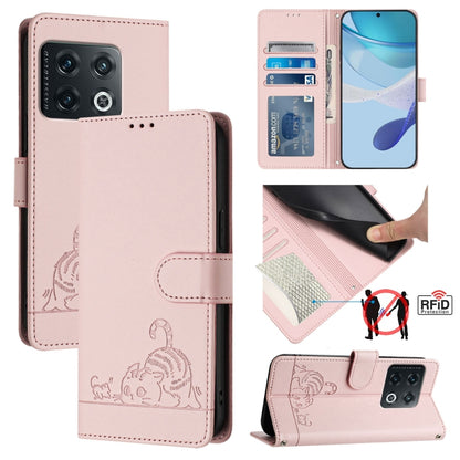 For OnePlus 10 Pro 5G Cat Rat Embossed Pattern RFID Leather Phone Case with Lanyard(Pink) - OnePlus Cases by buy2fix | Online Shopping UK | buy2fix