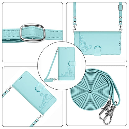 For OnePlus Nord CE 5G Cat Rat Embossed Pattern RFID Leather Phone Case with Lanyard(Mint Green) - OnePlus Cases by buy2fix | Online Shopping UK | buy2fix